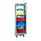 Steel cabinet with open door; interior with colored plastic boxes for tools.