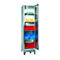 Steel cabinet with open door. Inside, containers are arranged in different colors.