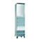 Stainless steel cabinet with one door, silver-colored. Stands on small feet.