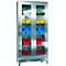 Stainless steel cabinet with glass doors, filled with colorful containers for storage.