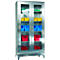 Stainless steel cabinet with glass doors, filled with colored containers. Yellow, blue and red. Ideal for storing small parts.