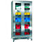 Stainless steel cabinet with glass doors, filled with colorful plastic containers.
