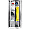 An open steel cabinet containing work clothes and helmets.