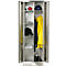 Open steel cabinet with protective gear: helmet, jacket, shoes, gloves. The compartment shows various utensils.