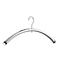Grey, curved clothes hanger with metal hook and black end caps.