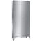 Metal cabinet, two doors, silver colored, with small keyhole.