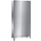 Polished stainless steel cabinet with two doors and a lock.