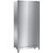 Stainless steel cabinet with two doors and a keyhole, standing on small feet.