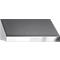 Stainless steel range hood, angled shape.