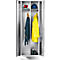 Open metal cabinet with work clothes: helmet, ear protectors, jacket, rain jacket and shoes.