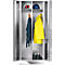 Open steel cabinet with work clothing and utensils, such as helmet, ear protection, shoes and yellow rain jacket.
