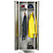 Cabinet with work clothes: helmet, hearing protection, jackets, boots.