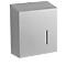 Grey rectangular metal paper towel dispenser. Slanted at the top, with a narrow slit for removing the towels.