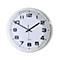 A round quartz clock with a silver rim, black numbers and hands on a white dial.