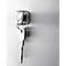 Keys in a lock. A key ring is hanging down. Grey background with vertical lines.