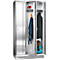 Stainless steel locker with open compartment, containing jackets, backpack, ear protection.
