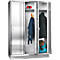 A silver steel cabinet with three doors. Inside are clothes, a backpack and ear protection.