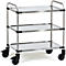 Stainless steel serving cart with three shelves and wheels.