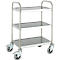 Stainless steel serving cart with three gray shelves and castors.