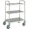 Serving cart with three metal shelves and wheels.