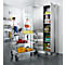 Kitchen: stainless steel cabinet, loaded. Two chefs working, storing supplies. Tomatoes, packed. Wall cabinet open.