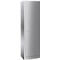 A gray metal cabinet with one door and a handle. It stands isolated on a white background.