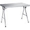 A silver folding table with a rectangular top and angled legs.