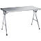 A folding, rectangular metal table, shiny silver, with crossed legs.