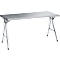 Silver rectangular folding table with metal legs arranged in an X-shape.