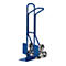 Blue stair climbing truck, steel frame, with three wheels per side. Flat loading surface.