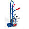 Blue hand truck with red handles and stair climbing wheels on white background.