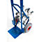 Blue stair climber with silver wheels and gray tires on a white background.