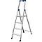 Aluminum step ladder, blue details, 4 steps, non-slip feet. Top bar with brand name.