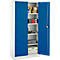 Open gereedschapskast met blauwe deuren. Binnenin worden verschillende gereedschappen, dozen en andere accessoires opgeslagen.