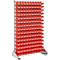 A red storage rack with many compartments, ideal for organizing small parts.