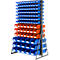 Vrijstaande stellingkast met blauwe en oranje opslagbakken op een grijs metalen frame.
