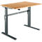Height-adjustable desk, wooden top, gray metal frame.