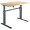 Light brown adjustable height desk with dark gray legs. The tabletop is rectangular. The frame has a modern design.