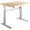 Height-adjustable desk with light brown tabletop and silver legs.