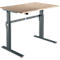 A height-adjustable desk with a light brown tabletop and a gray frame. The legs are U-shaped.