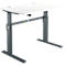 A height-adjustable desk with a white tabletop and gray frame, photographed at an angle from the front.