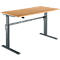 Height-adjustable wooden desk. The table legs are gray and have a rectangular shape.