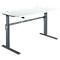 A height-adjustable desk with a white tabletop and gray frame, against a white background.