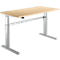 Height-adjustable desk with a light wood top and silver frame.