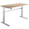 Height-adjustable desk, light brown tabletop, silver legs.