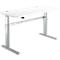 A white, height-adjustable desk with silver legs. The tabletop is rectangular and stands on two metal legs.