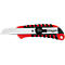 A red and black utility knife rests against a white background. The blade is metal and protrudes from the handle.