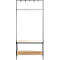 Schwarze Garderobe mit Haken, Stange und Ablagen aus Holz, freigestellt.