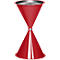 Red hourglass-shaped sand filter. Metal mesh on top edge.