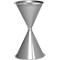 Hourglass-shaped, metallic funnel; conical at the top and bottom, narrowly connected in the middle.